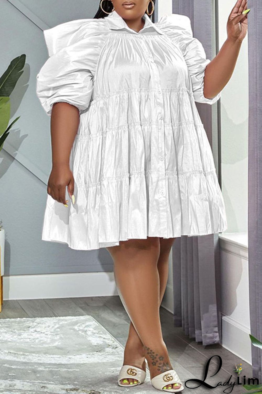 White Casual Sweet Solid Patchwork Buckle Turndown Collar A Line Plus Size Dresses