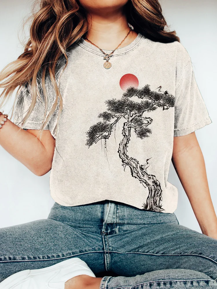 Ink and Pine Japanese Art Print Washed Cotton Short Sleeve T-Shirt