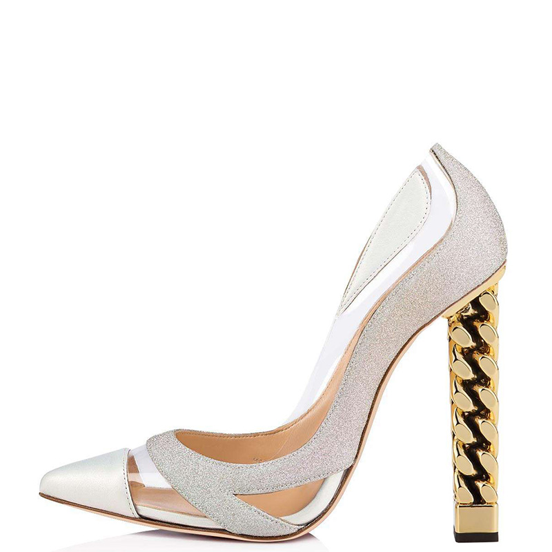 TAAFO Glitter Mini PVC Chain High Block Heels Blue Patchwork Sticthing Pumps Ladies Shoes Woman Pointed Toe Size 33 35