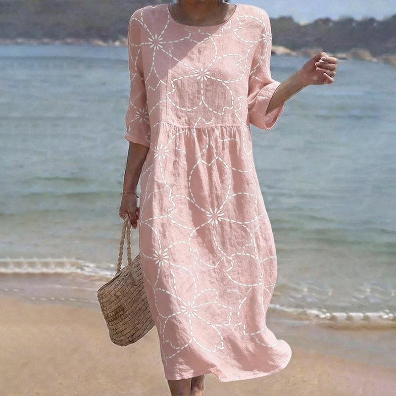 Women's Casual Round Neck Mid Sleeve Print Cotton And Linen Dress wearshes