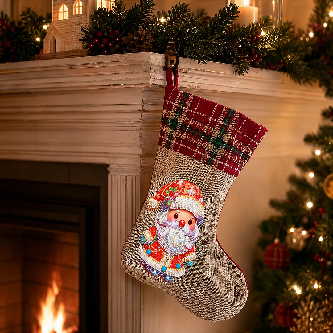 DIY Diamond Painting Christmas Stockings Hanging Ornaments Large Capacity Xmas Socks Pendant Wear Resist Candy Gift Storage Bags for Family Christmas Holiday Party Decoration (Santa Claus)