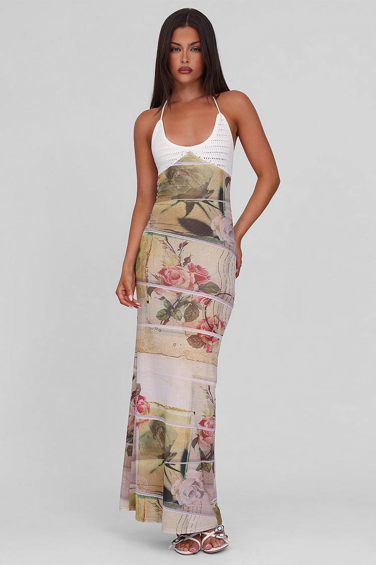Crochet Patchwork Halter Open Back Floral Print Maxi Dresses-White [Pre Order]