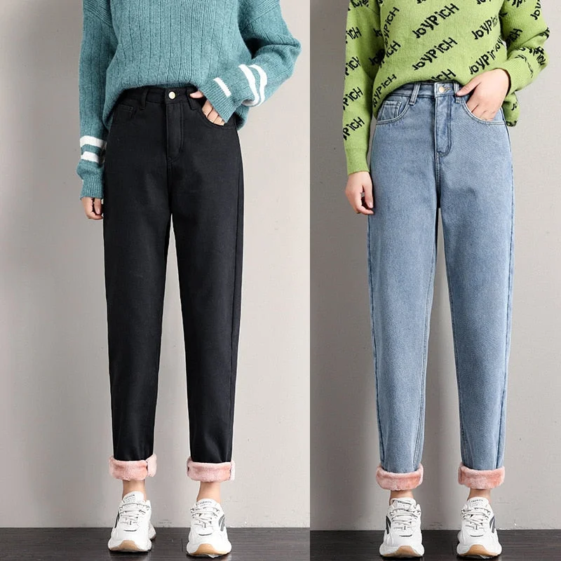 Winter Jeans for Women Velvet Thick Warm Denim Pants High Waist Fleece Mom Jeans Vintage Wide Leg Ankle-Length Harem Denim Pants