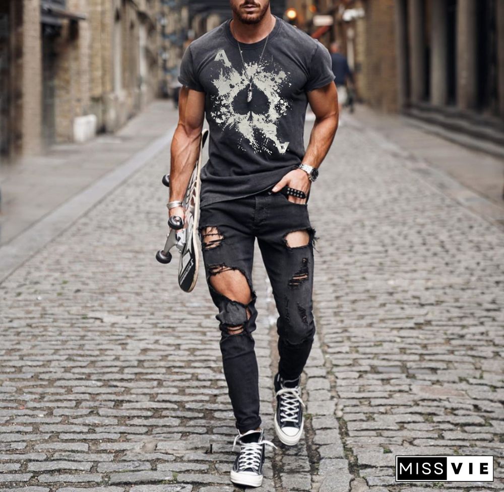 Mens Fashion Washed Poker Print T-Shirt