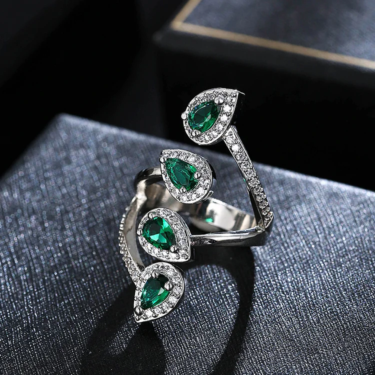 Fashionable water drop emerald zircon full diamond ring