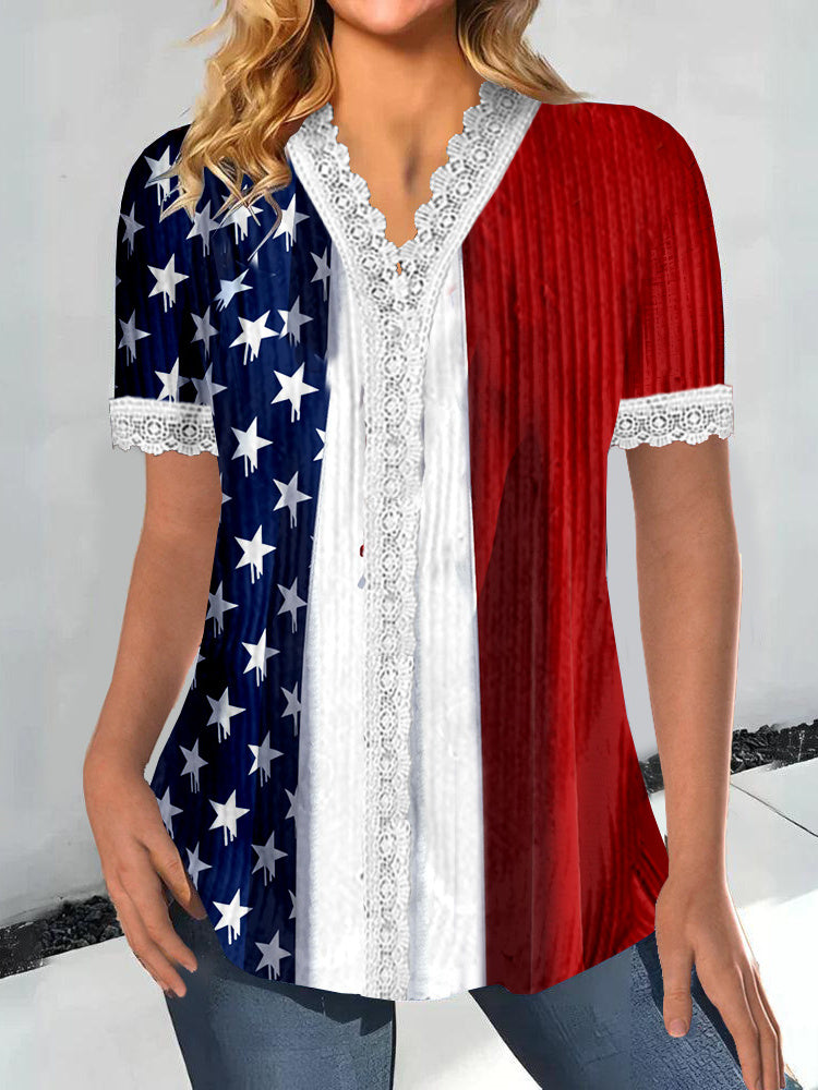 Women Short Sleeve V-neck National Flag Printed Printed Graphic Lace Tops