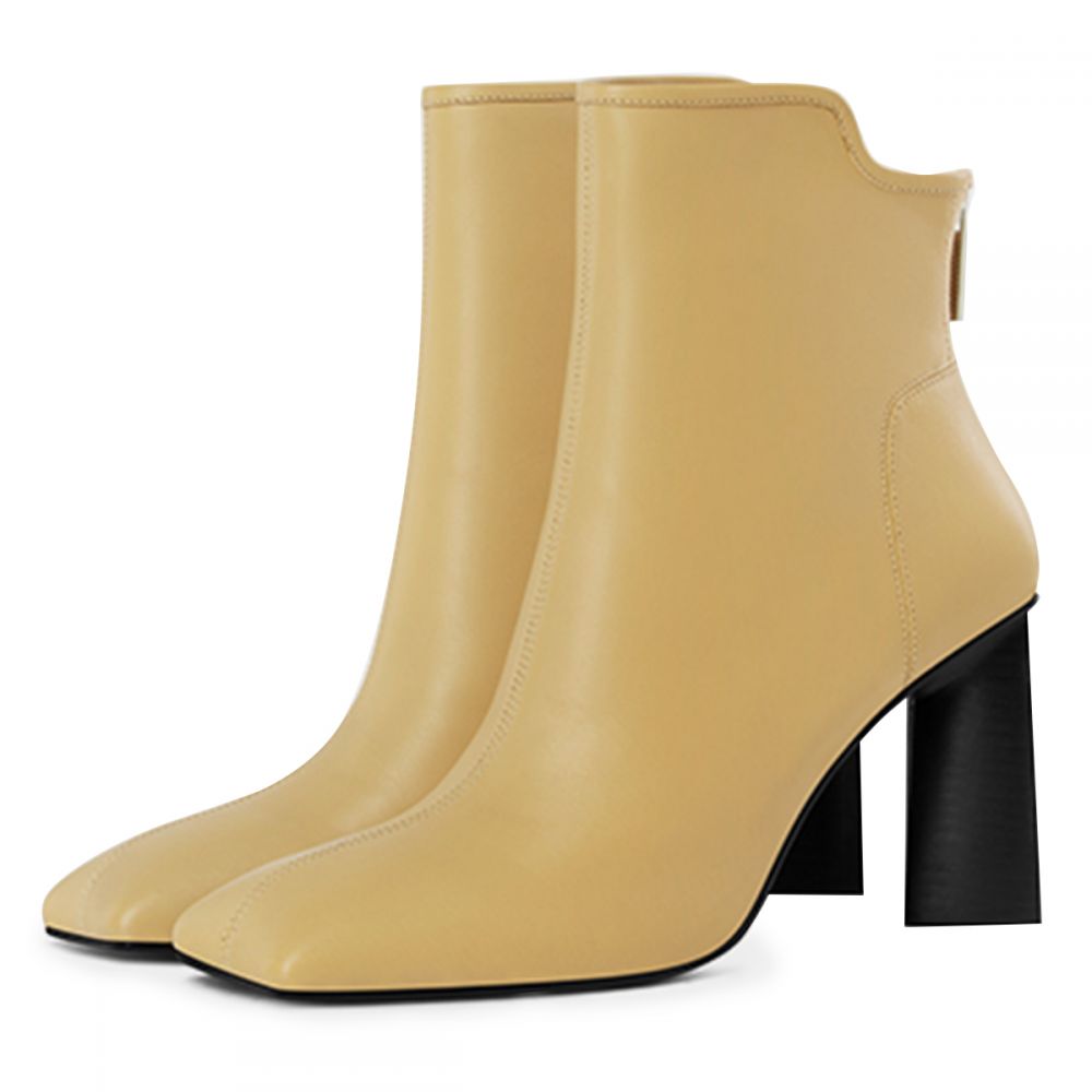 Simple Yellow Square Toe Zipper Ankle Boots with Chunky Heel Nicepairs