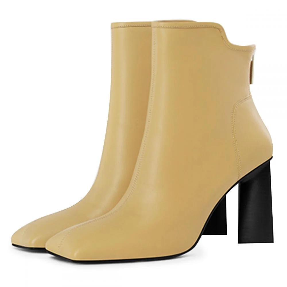 Simple Yellow Square Toe Zipper Ankle Boots with Chunky Heel Nicepairs