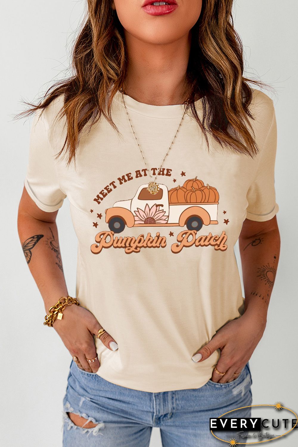 Khaki Pumpkin Patch Truck Graphic Print Short Sleeve Tee