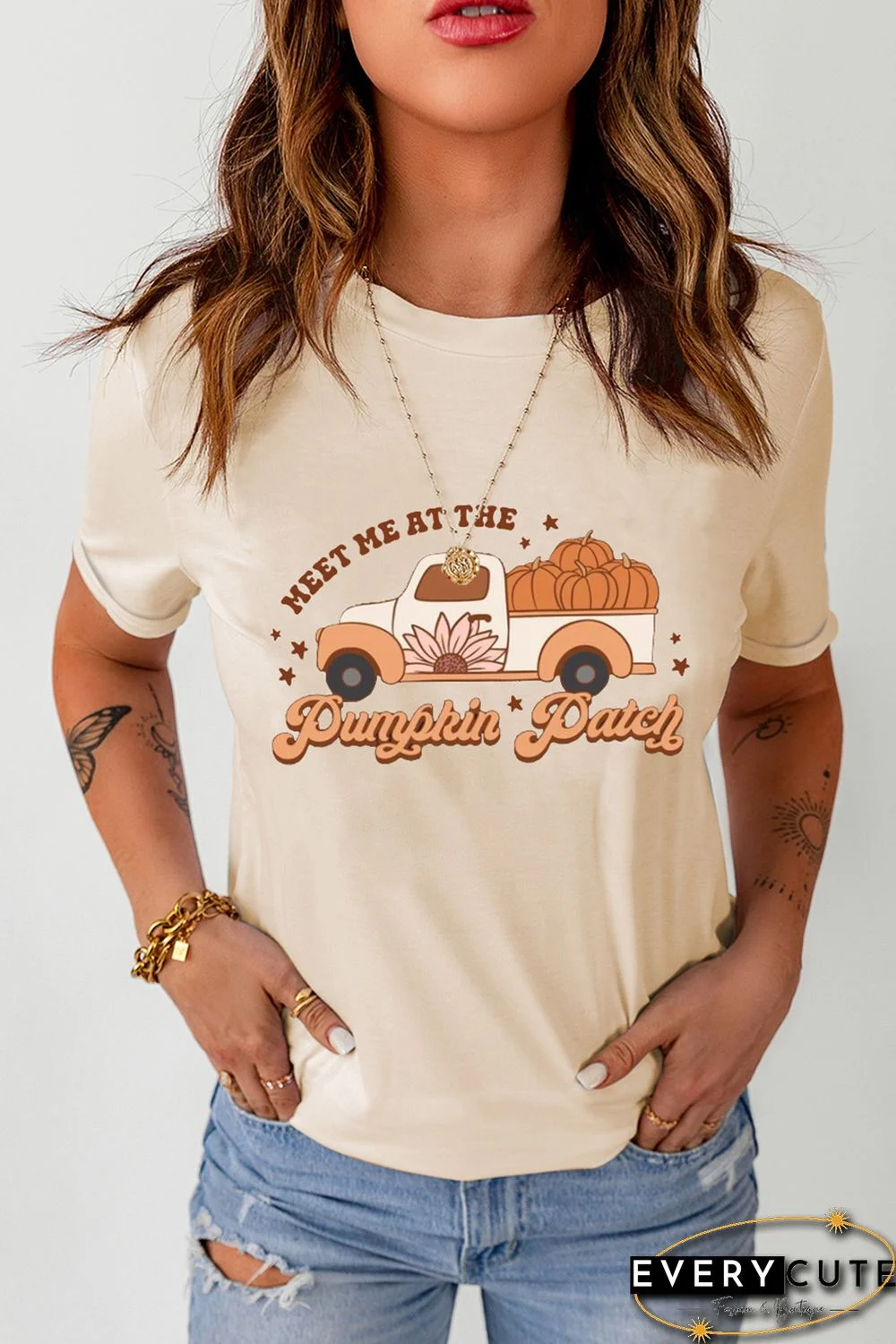 Khaki Pumpkin Patch Truck Graphic Print Short Sleeve Tee