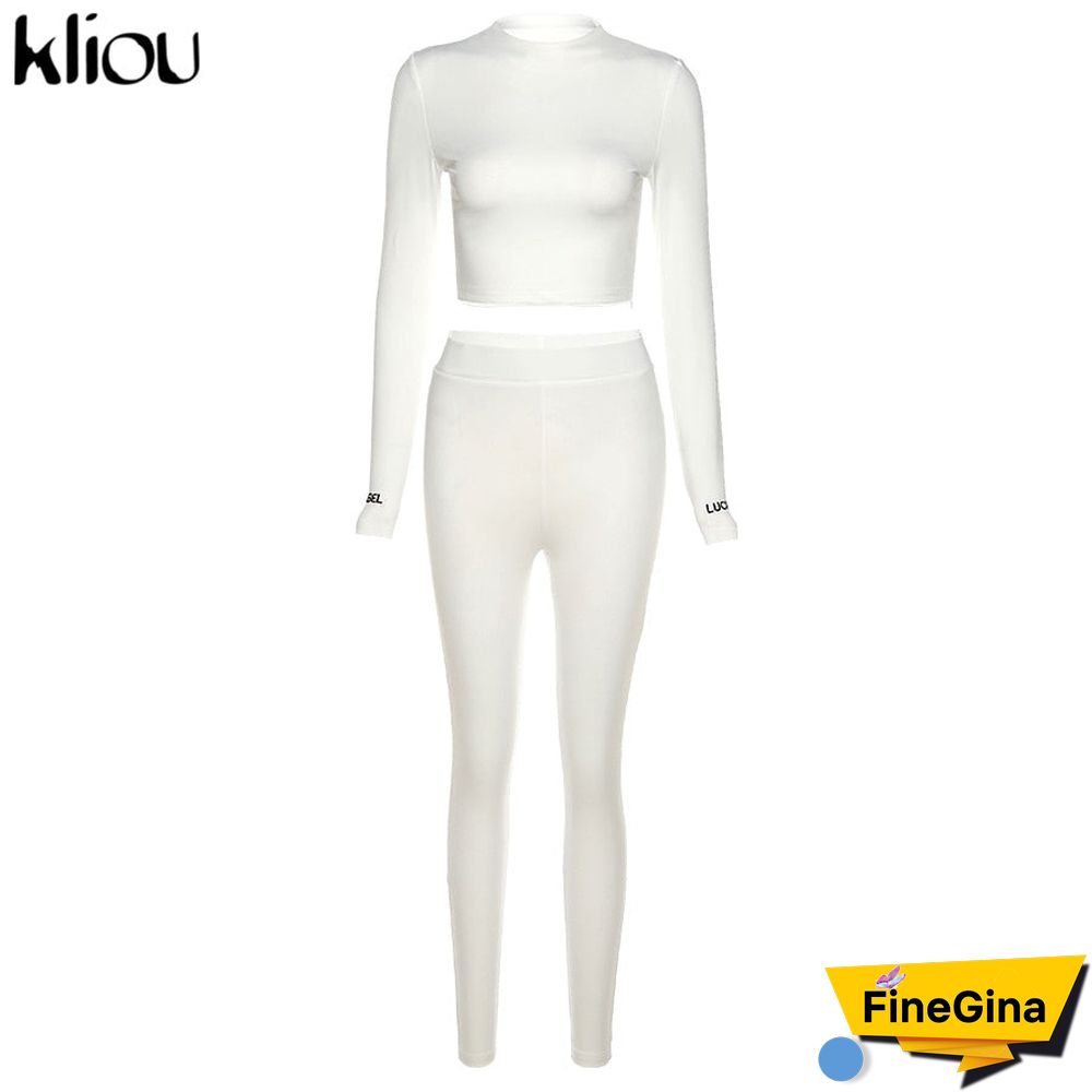 Kliou fashion tracksuit women turtleneck full sleeveless crop top+leggings matching set stretchy sporty fitness casual outfits