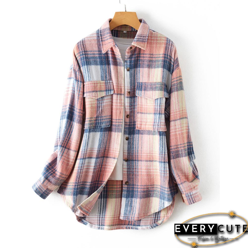 Pink Plaid Print Button Shacket with Pocket