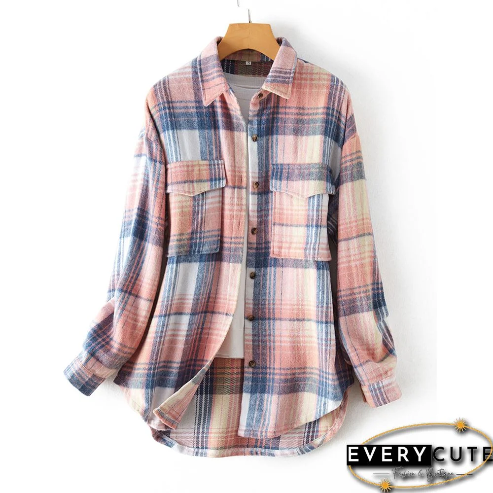 Pink Plaid Print Button Shacket with Pocket