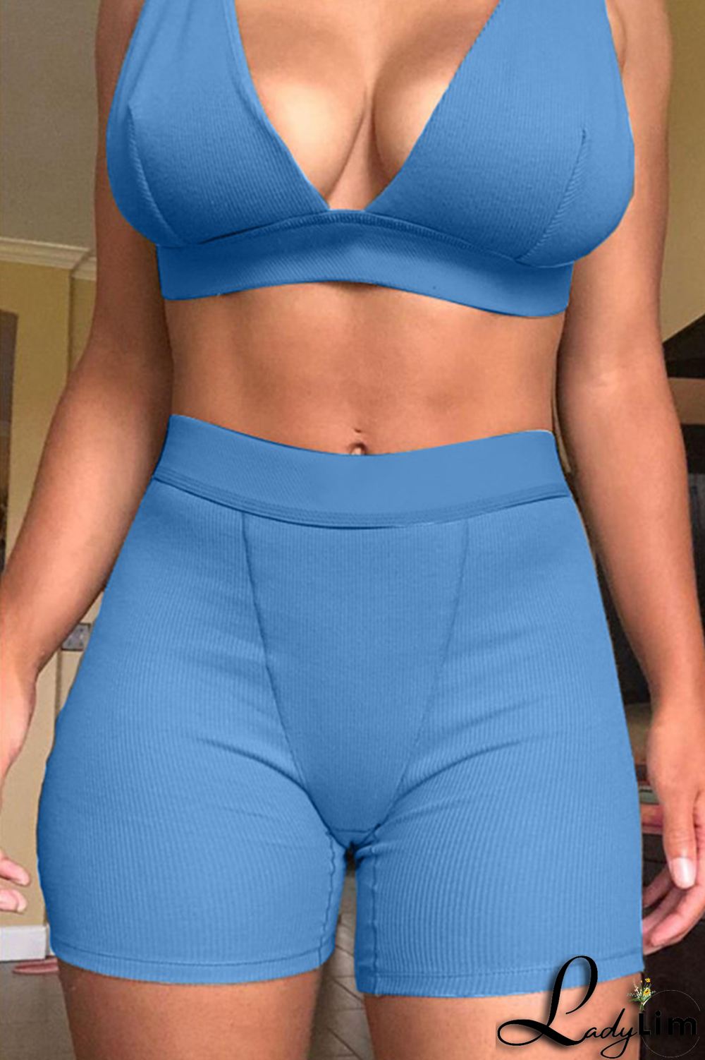 Grey Sexy Solid Split Joint V Neck Sleeveless Two Pieces