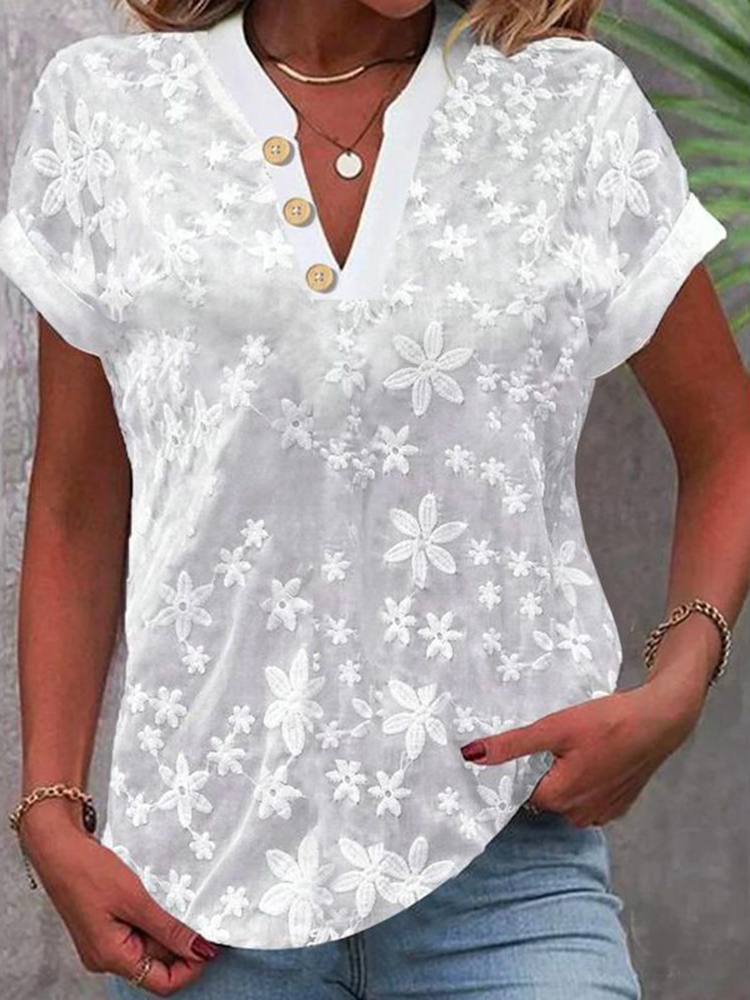 Comstylish Women's Retro Embroidered Buttons V Neck Shirt