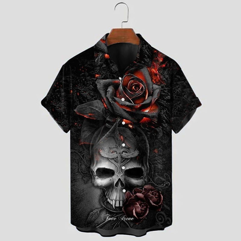 skull rose print men's short sleeve shirt