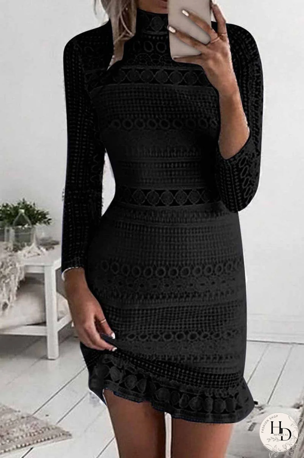 Pure Color Sexy Hollow Lace High Collar Mini Dress(3 Colors)