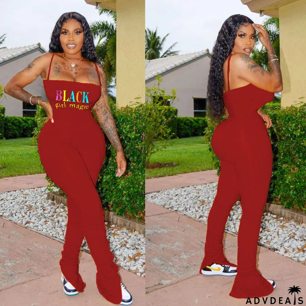 Plus Size Letter Print Spaghetti Strap Stacked Jumpsuits
