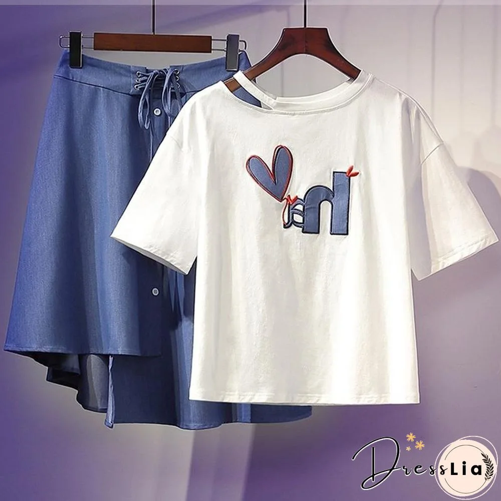 Cute Print Tee+Button Skirt P11163