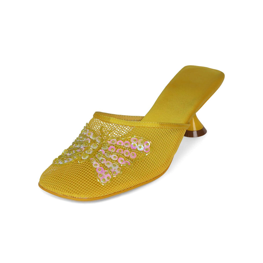 Yellow Mesh & Satin Square Toe Mules Shoes with Sequin Butterfly Nicepairs