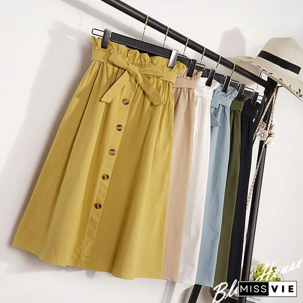 Summer Autumn Skirts Womens Midi Knee Length Korean Elegant Button High Waist Skirt Female Pleated School Skirt