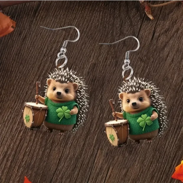 Green Hedgehog Drumming Earrings