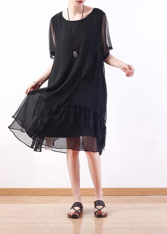 Handmade black Chiffon tunics for women Organic Outfits layered loose summer Dress