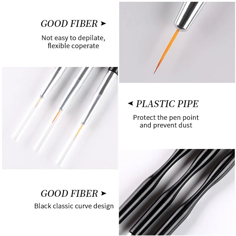 3pcs French Stripe Nail Art Liner Brush Set 3D Tips Ultra-thin Line Drawing Pen UV Gel Brushes Acrylic Extension Brush Pen Tools-Nail Inspo