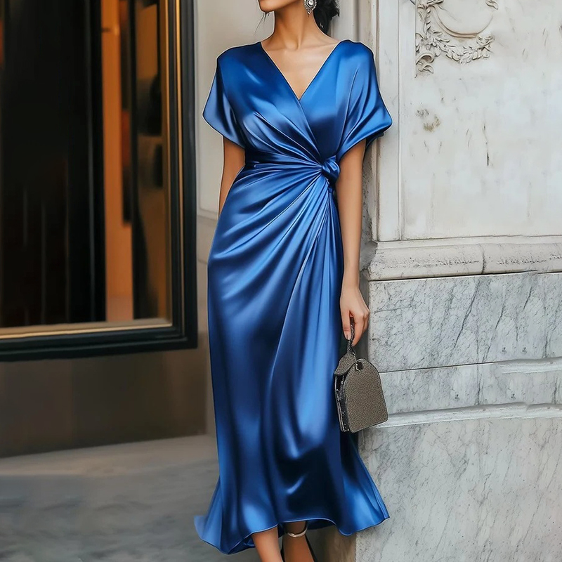 Comstylish Elegant V-neck Short-sleeved Solid Satin Midi Dress
