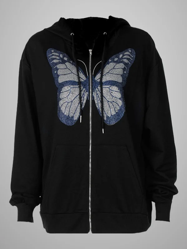 Butterfly Graphic Long Sleeve Zipper Oversized Hoodie