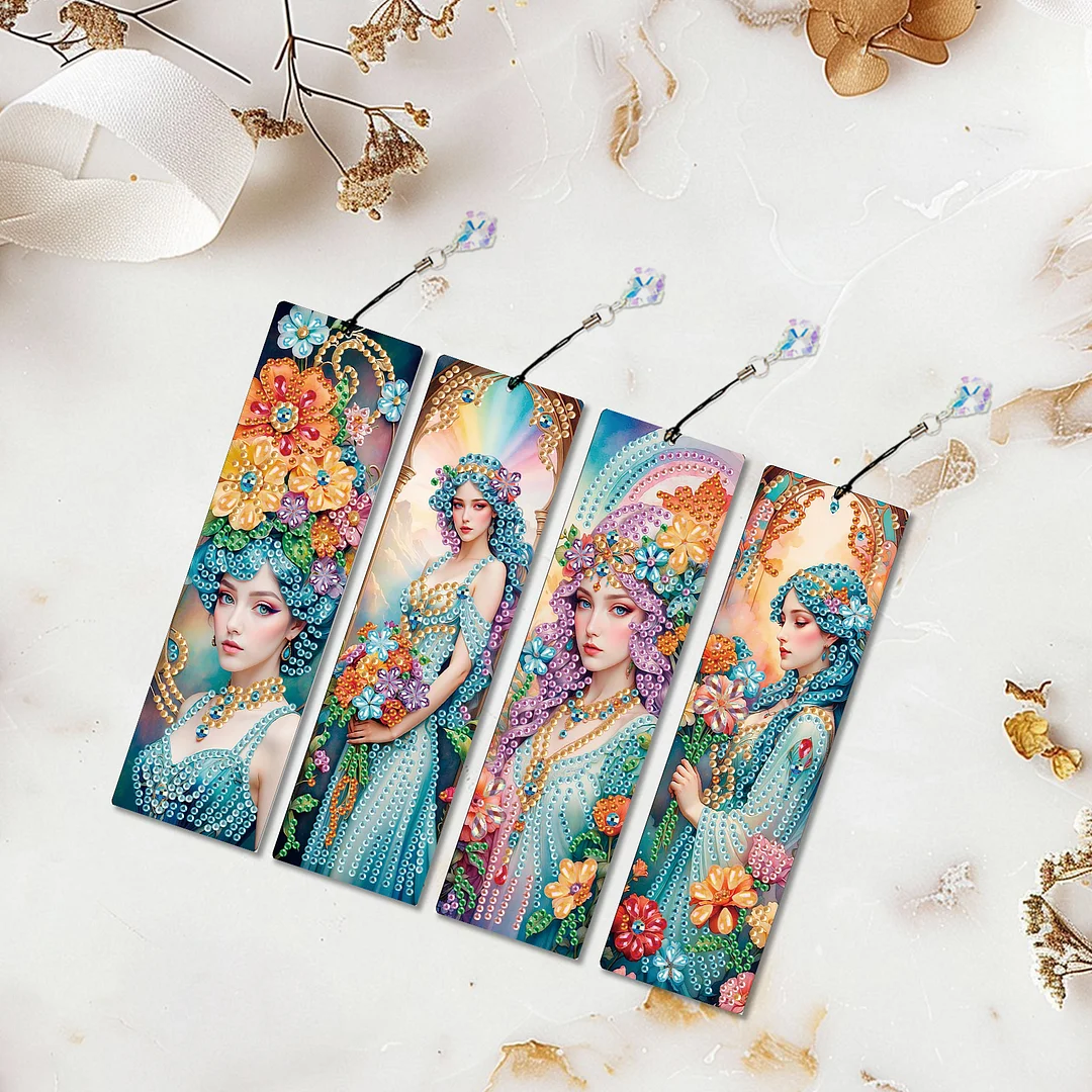 4Pcs Flower Beauty DIY Diamond Bookmark Art Projects Irregular Shaped Diamonds Diamond Painting Art Bookmarks with Crystal Pendants for DIY Making Beginners Adult Art Craft Supplies
