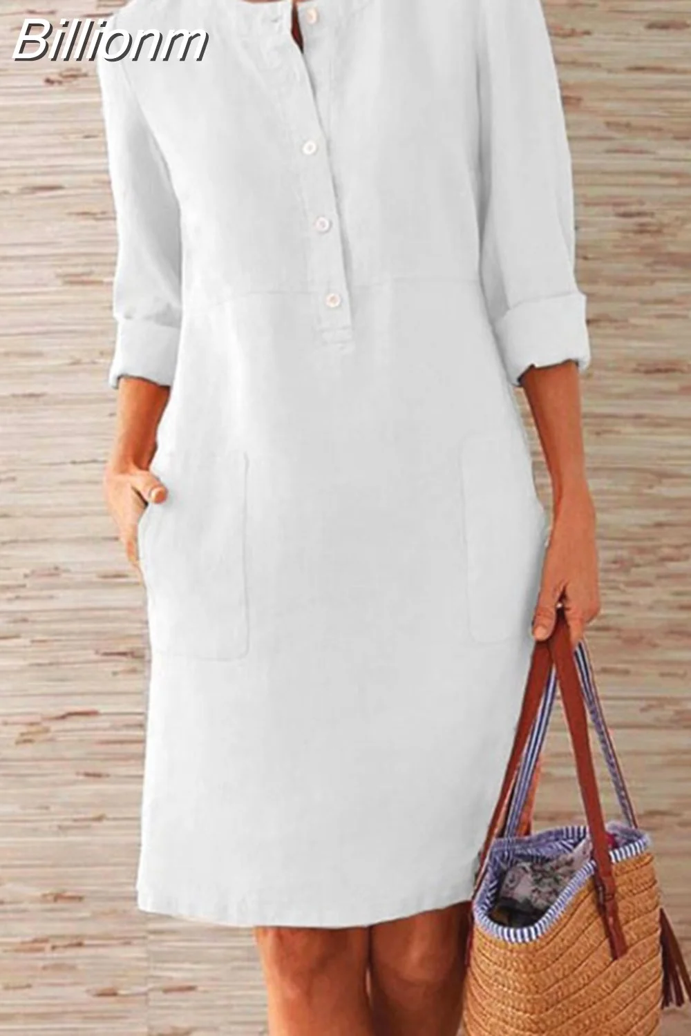 Billionm Color Button O Neck Cotton Linen Summer Dress Women Vintage Short Sleeve Pocket Knee Dress Casual Loose Plus Size Dresses