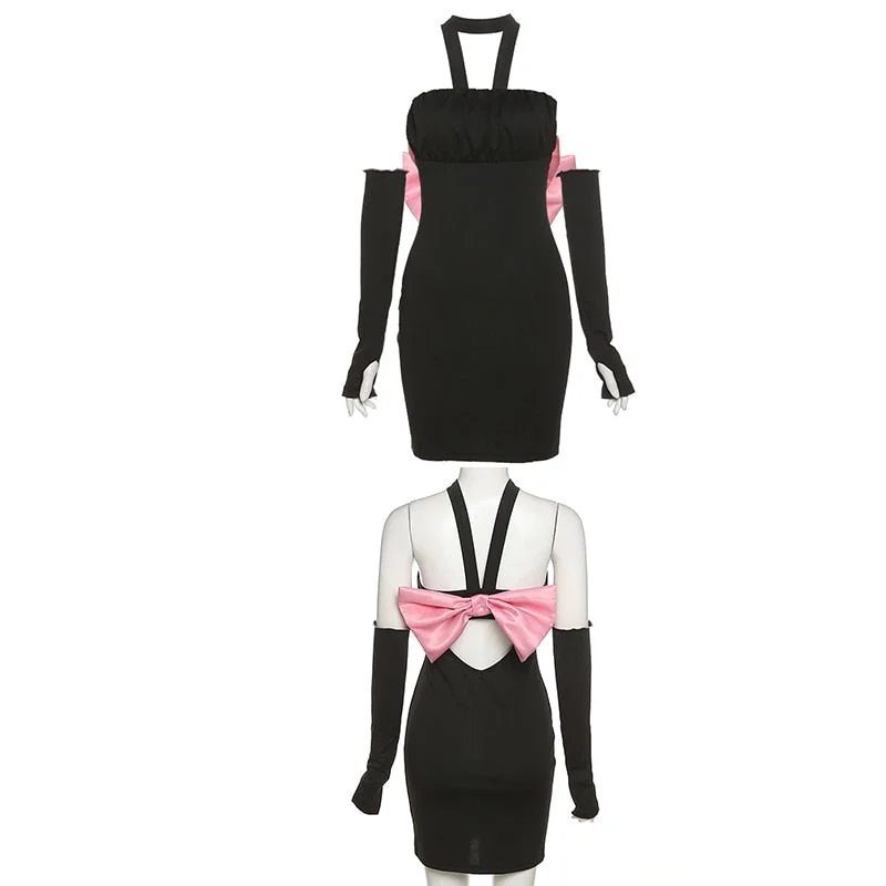 Billlnai 2023 Graduation party  Goth Bow Sexy Dress Autumn Club Outfits Backless Mini Dress Streetwear Black Bodycon Halter Long Sleeve Dress Women