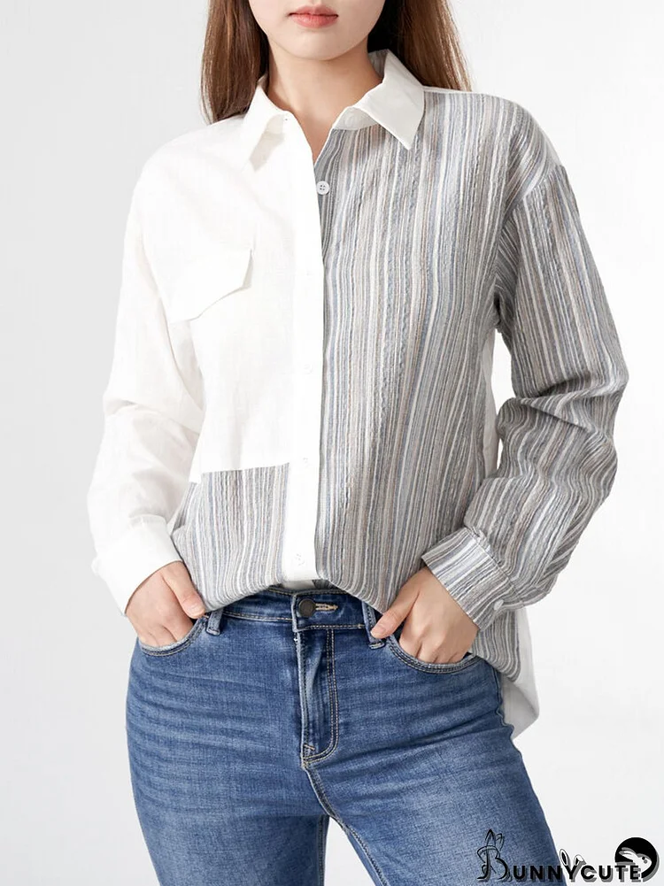 Stripe Contrast Button Front Long Sleeve Lapel Casual Shirt