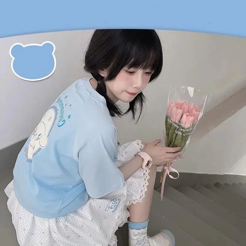 Kawaii Harajuku T Shirt Sky Blue Japan Print Loose Short Sleeve T Shirt Anime Tops Women Fashion Clothing T Shirt for Girl