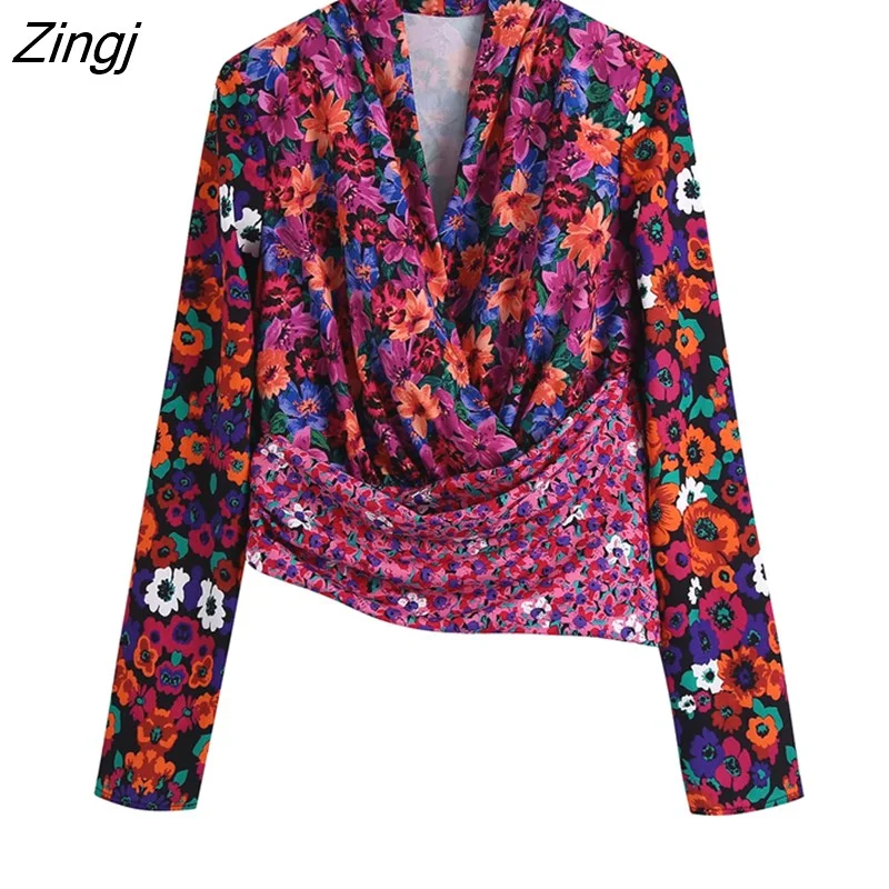 Zingj Women Vintage Cross V Neck Patchwork Floral Print Slim Short Blouses Lady Chic Long Sleeve Retro Shirt Blusas Tops LS9739