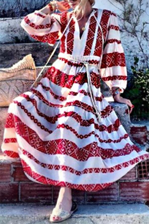 Womens Bohemian Ethnic Fringed Loose Long Dress-Allyzone-Allyzone
