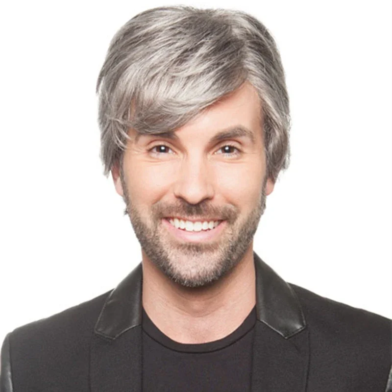 Men's Wigs Partial Grey Synthetic Wigs of Chemical Fiber Headgear
