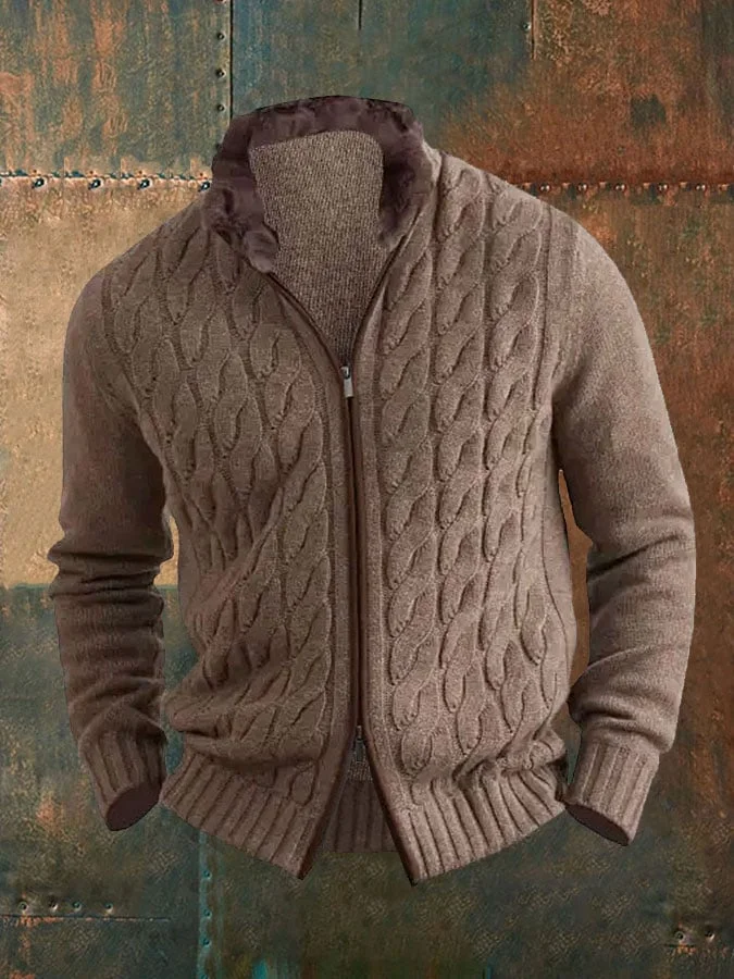 Men's fur collar cable knit jacket