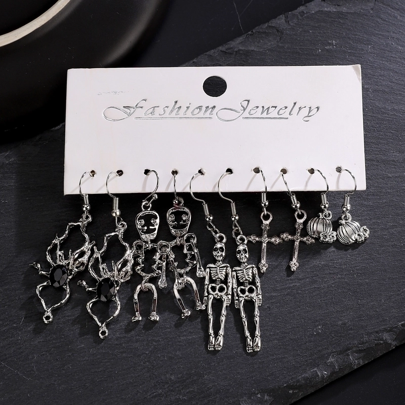 1 Set Gothic Vintage Style Funny Pumpkin Spider Skull Alloy Silver Plated Drop Earrings