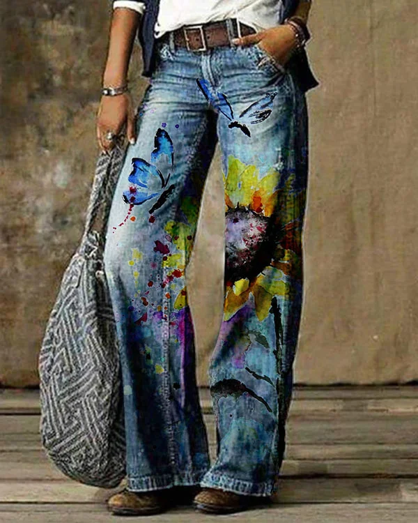 Vintage Floral Butterfly Casual Pants