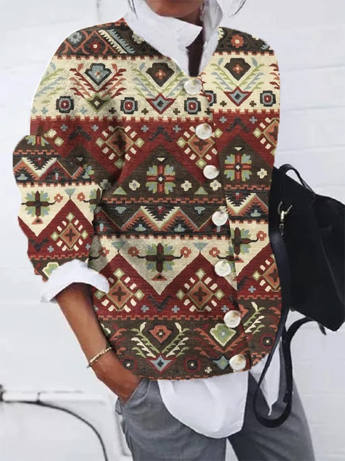 Women's Retro Western Print Plush Cardigan