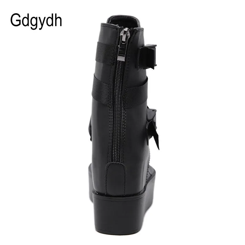 Gdgydh Platform Flip Flops Women Beach Sandals Ankle Strap Wedges Shoes For Summer Black Leather Vintage European American Zip
