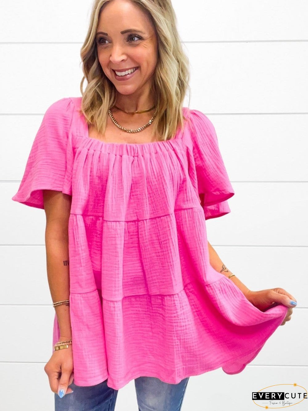 Bold Pink Ruched Square Neck Flutter Sleeve Cotton Blouse