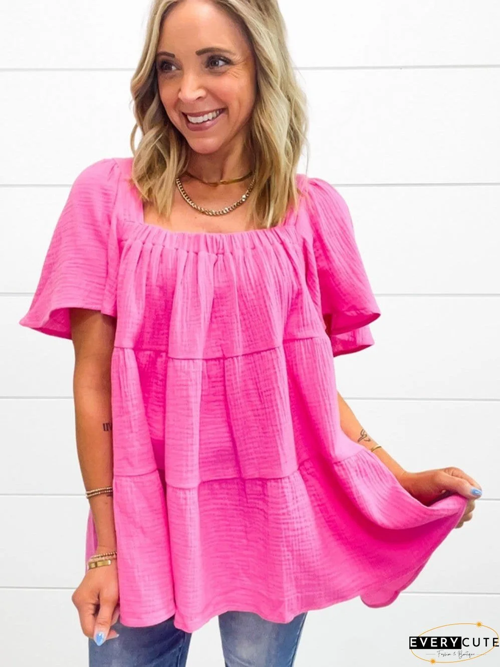 Bold Pink Ruched Square Neck Flutter Sleeve Cotton Blouse