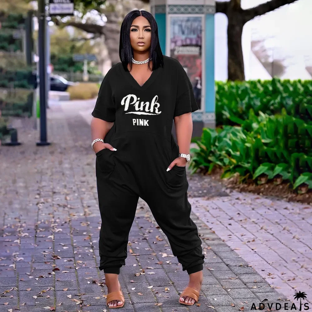 Pink Letter Print V Neck Casual Jumpsuit