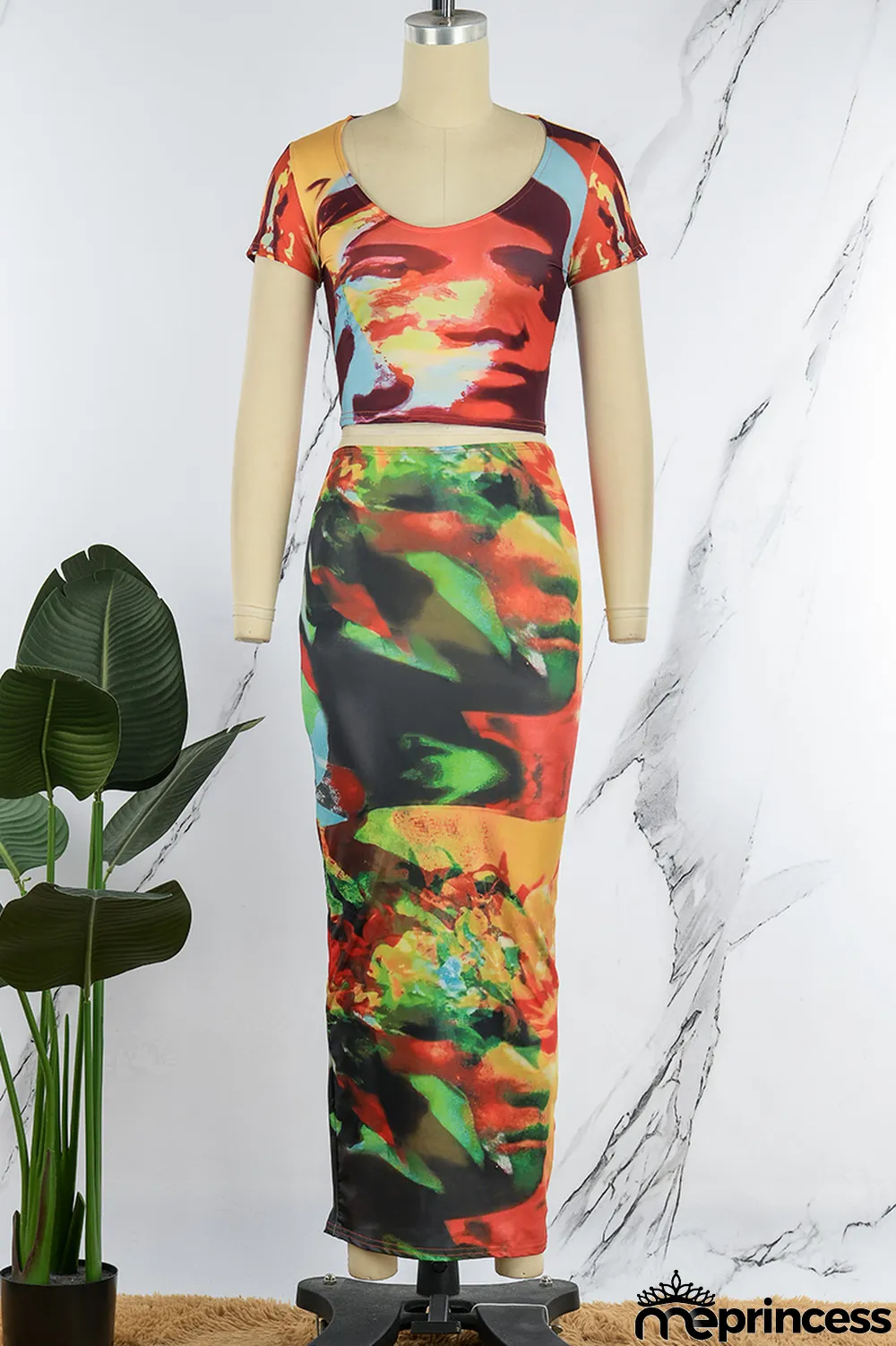 Colour Sexy Print Basic O Neck Short Sleeve Two Pieces