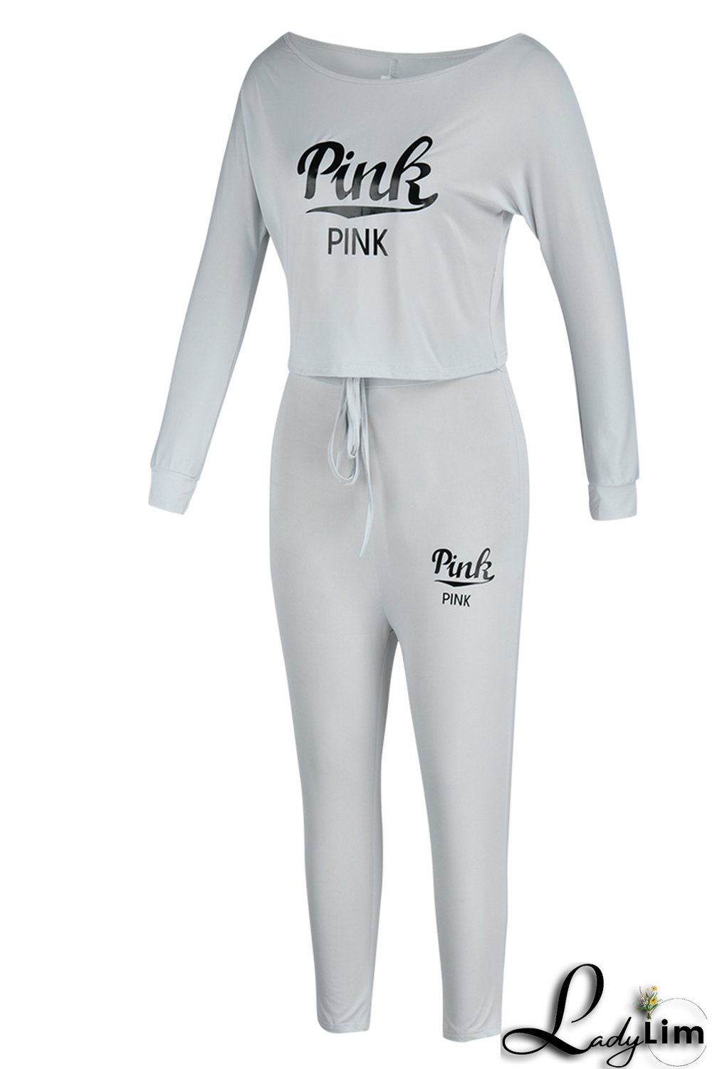 Gray White Fashion Print Patchwork One Shoulder Long Sleeve Two Pieces