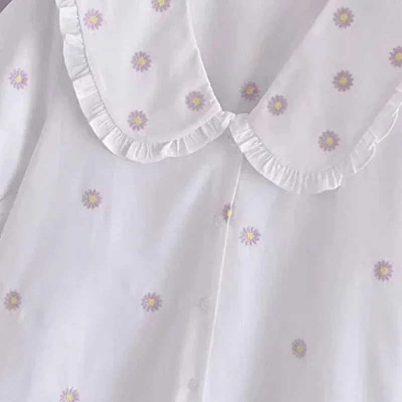 Za Women's Shirts Embroidery Blouses Sweet Floral Shirt Mujer Blusas Short Sleeve Femme Top Girl Korean Peter Pan Collar Vintage