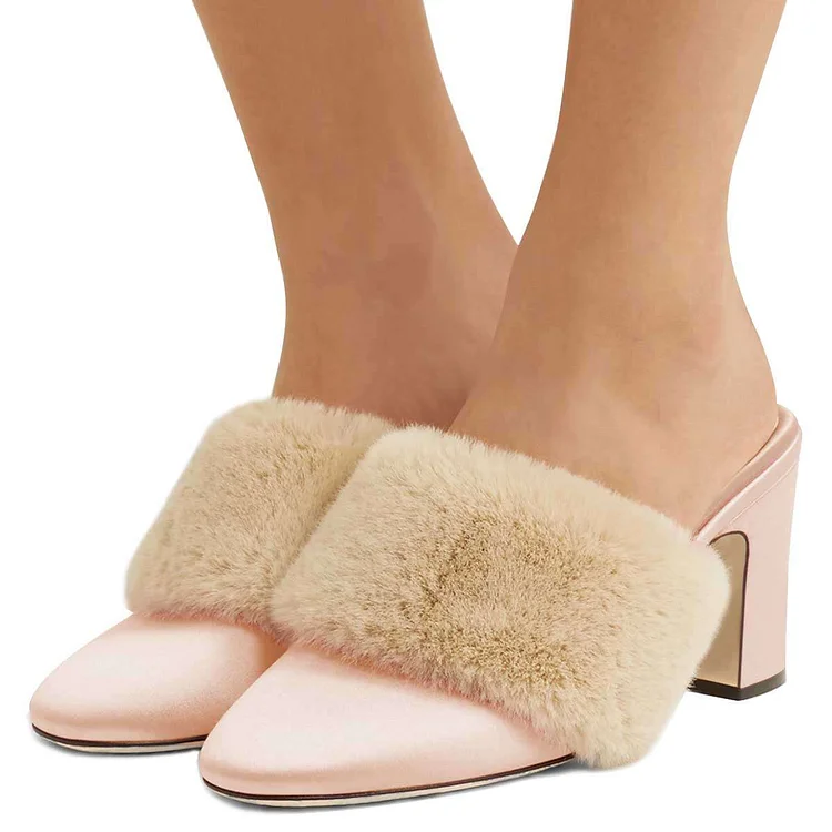 Pink Fur Heels Round Toe Chunky Heel Trending Mules US Size 3-15 |FSJ Shoes